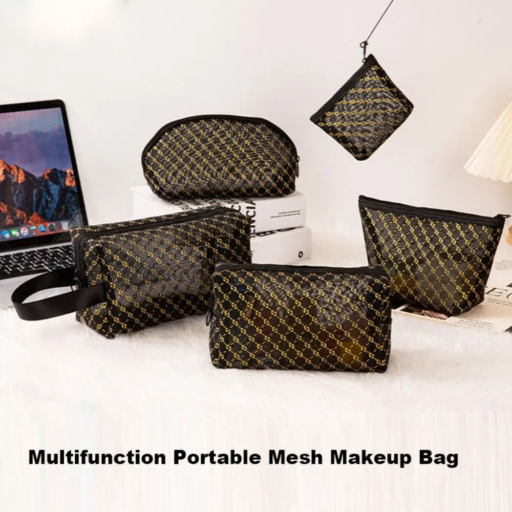 

New bronzing Mesh Makeup Bag Multifunction Black Women Cosmetic Storage Pouch Portable 5 Styles Ladies Toiletry Storage Bag