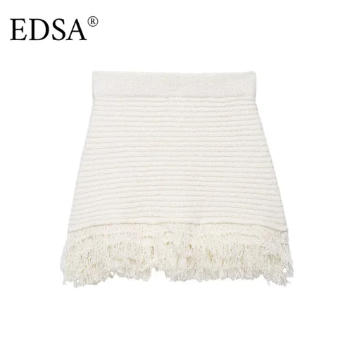 EDSA Minifalda de punto beige para mujer con adornos a cuadros con flecos, cintura alta, cintura elástica, faldas cortas de verano