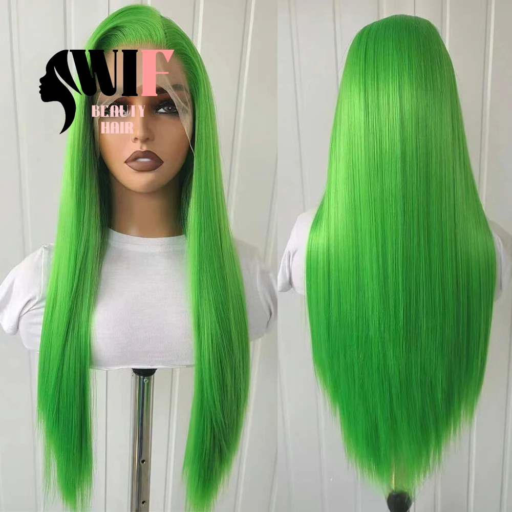 WIF Emerald Green Color Synthetic Wig Silk Long Straight Green Hair Cosplay Use Lace Front Wigs Heat Fiber Women Makeup Hair