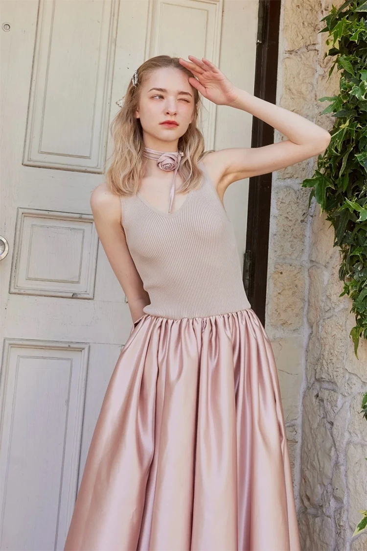 Japanse nieuwe zoete mode gebreide patchwork satijnen lange jurk lente herfst nieuwe dames slanke elegante prinsessenjurk Franse jurk