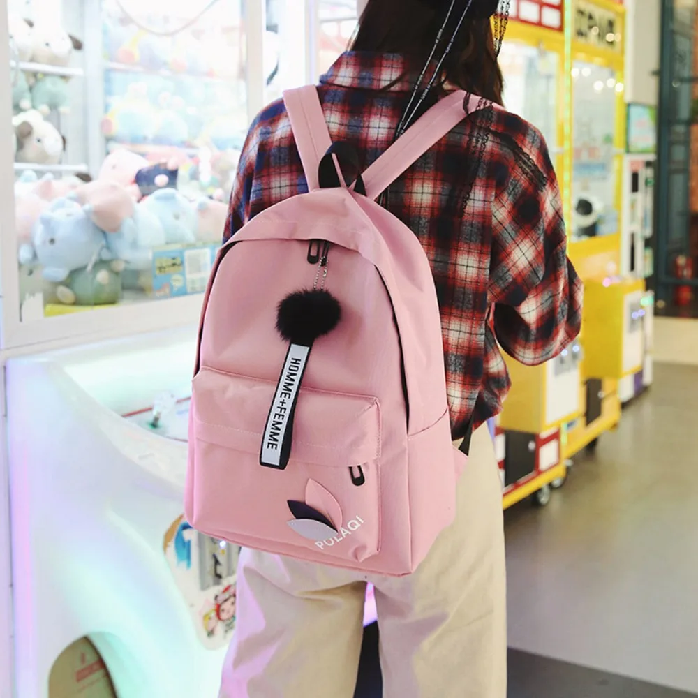 

Multi-Functional Waterproof Zipper Backpack Korean Style Large Capacity Schoolbag with Plush Balls Knapsack High School Student