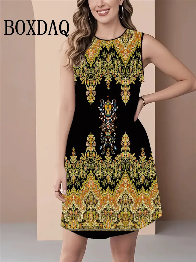 Abito con stampa geometrica della linea di moda Abito corto ampio senza maniche da donna Vestito estivo casual Pullover con o-collo Abito estivo con gilet femminile