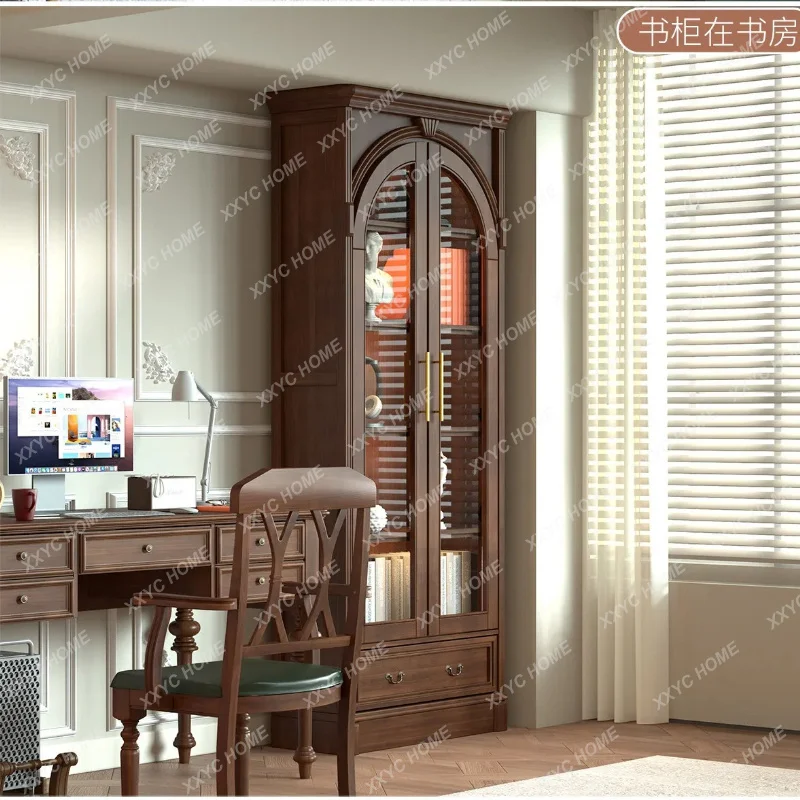 XX solid wood bookcase storage glass door bookshelf shelf with lamp floor-to-ceiling living room locker