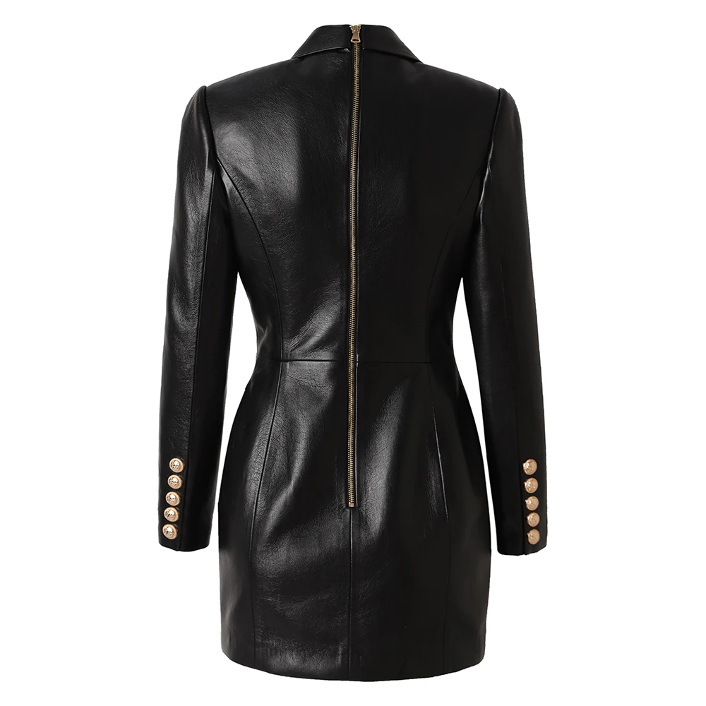 Autumn Winter High Quality PU Leather Women Long Black Blazers Street Luxury Double Breasted Lady Jackets