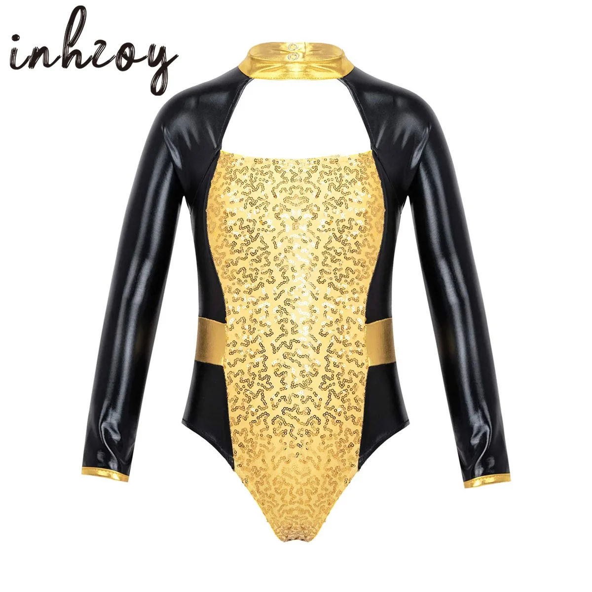 

Kids Girls Long Sleeve Sequins Hollow Front Unitard Ballet Dance Gymnastics Competition Leotard Bodysuit Dancewear Costume