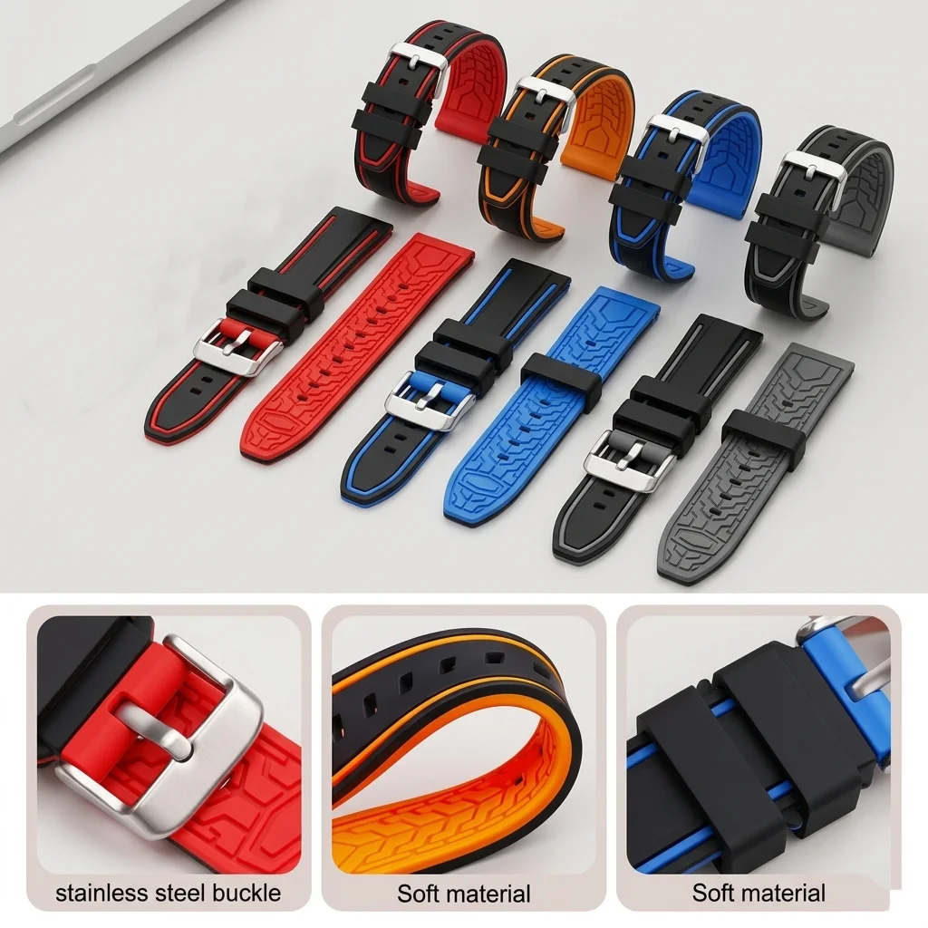 Waterproof Rubber Watch Band 20 22 24 26mm Dual Color Soft Silicone Sport Strap Quick Release Accessories Men Women