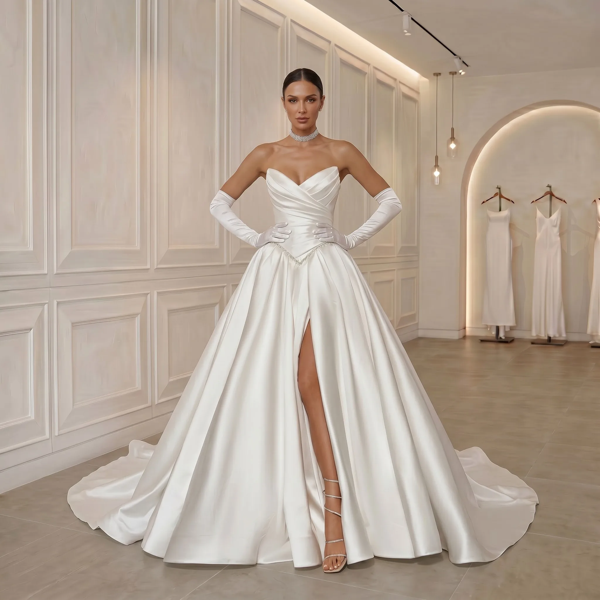 Satin Ballgown Wedding Dress High Slit Crystal Trim Cathedral Train Bridal Gown Custom Ivory Vestido De Novia