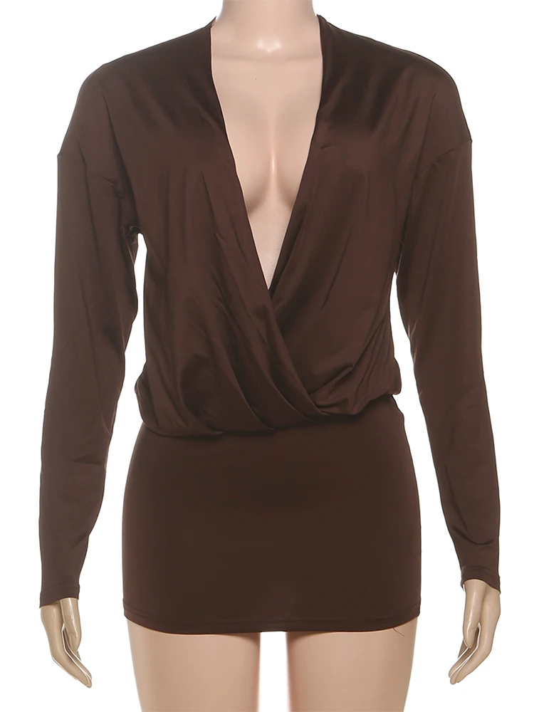 Nibber Cross Deep V-Neck Dress Women Full Sleeve Stretch Solid Midnight Street Clubwear Party Autumn Trend Elegant Mini Bodycon - Image 5