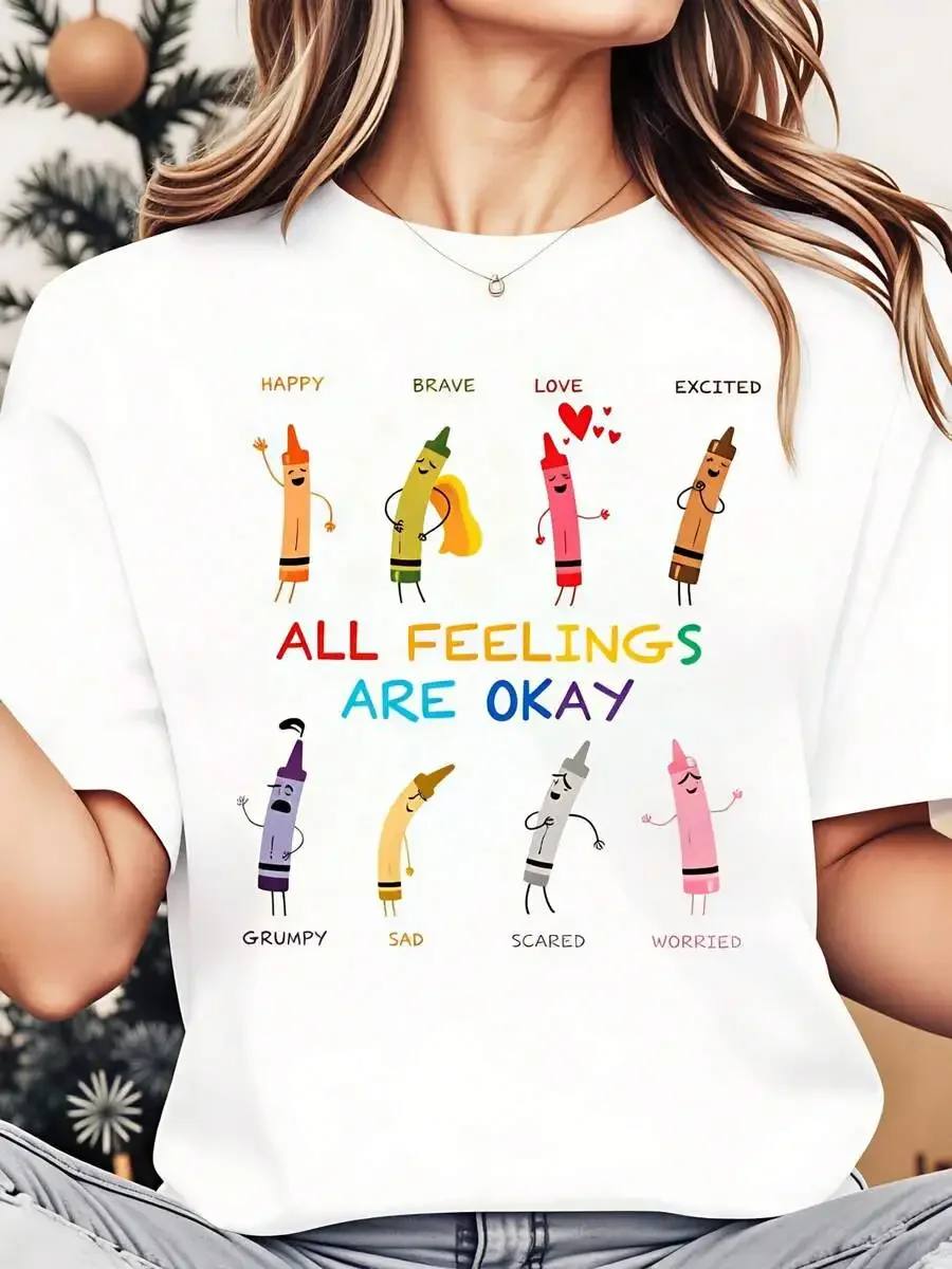 2026 New Women Crayon Emotions All Feelings Are Okay Graphic Print T Shirt Funny Vintage Loose Breathable Summer Casual Outfit Basic Top T Shirt