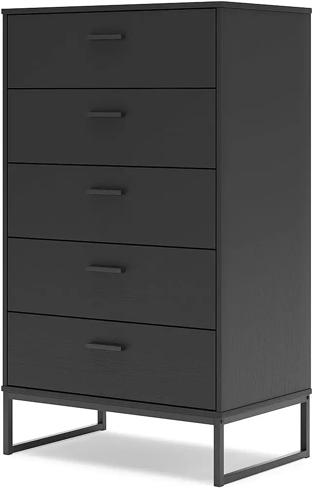 Signature Design by Ashley Socalle Modern 5 Drawer Chest with Safety Stop and Metal Legs for Bedroom, Black