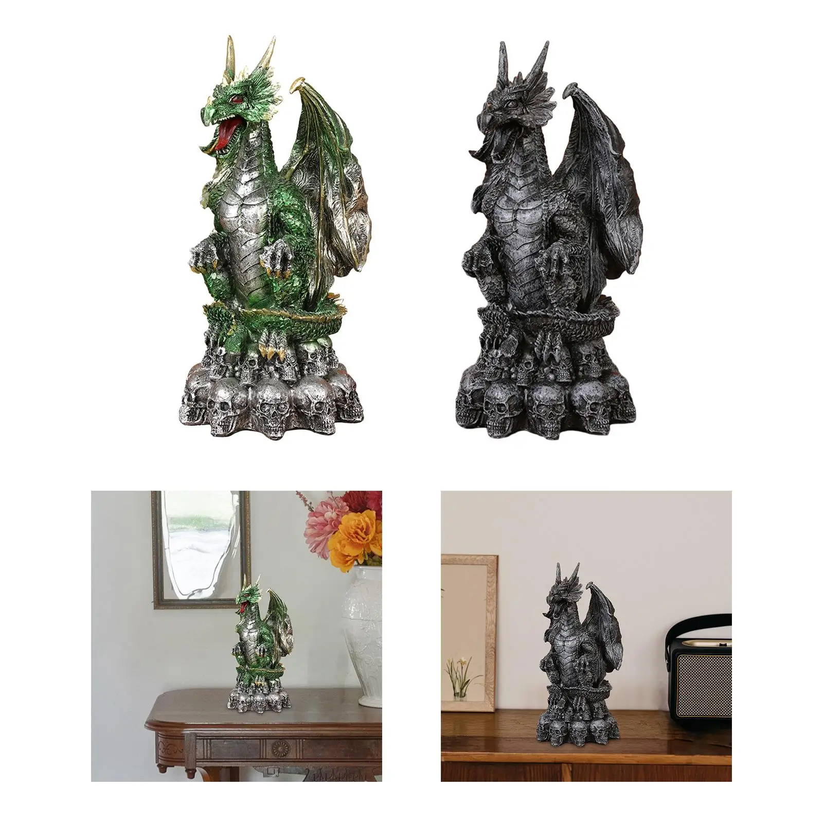Dragon Figurines on Skull Resin Crafts Home Decoration Gothic Collectible Animal Statue for Club Festival Shelf Living Room Desk