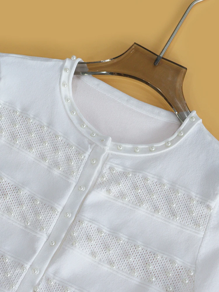 Maglieria Heidd Heavyweight Pearl Detail Bianco ort Sve Faion Lusso da donna Sle rotondo Ne ort Lunghezza Fibra di poliestere