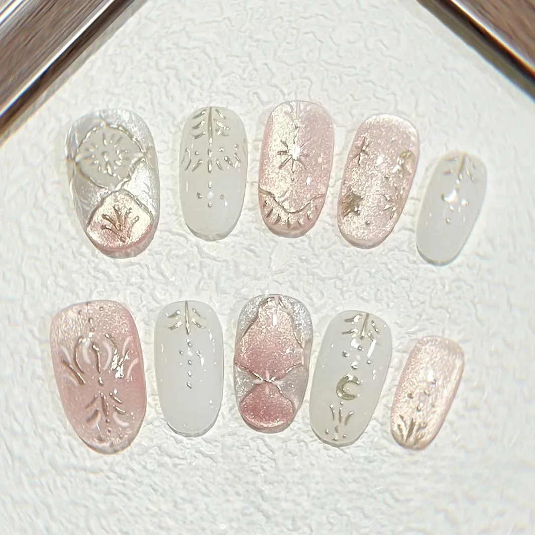 24pcs Pink Cat Eye Moon Star Press on Nail Glitter Golden Line Fake Nail Short Oval Full Coverage Nail Tips for Women False Nail