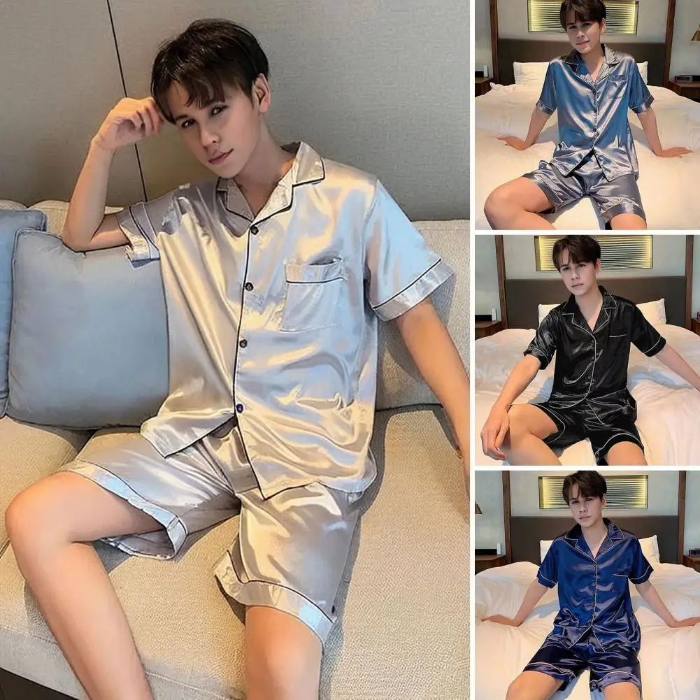 Solid Color Pajamas Silk-like Fabric Homewear Men\'s Summer Silk Pajama Set with Short Sleeve Shirt Elastic Waist Shorts for Men