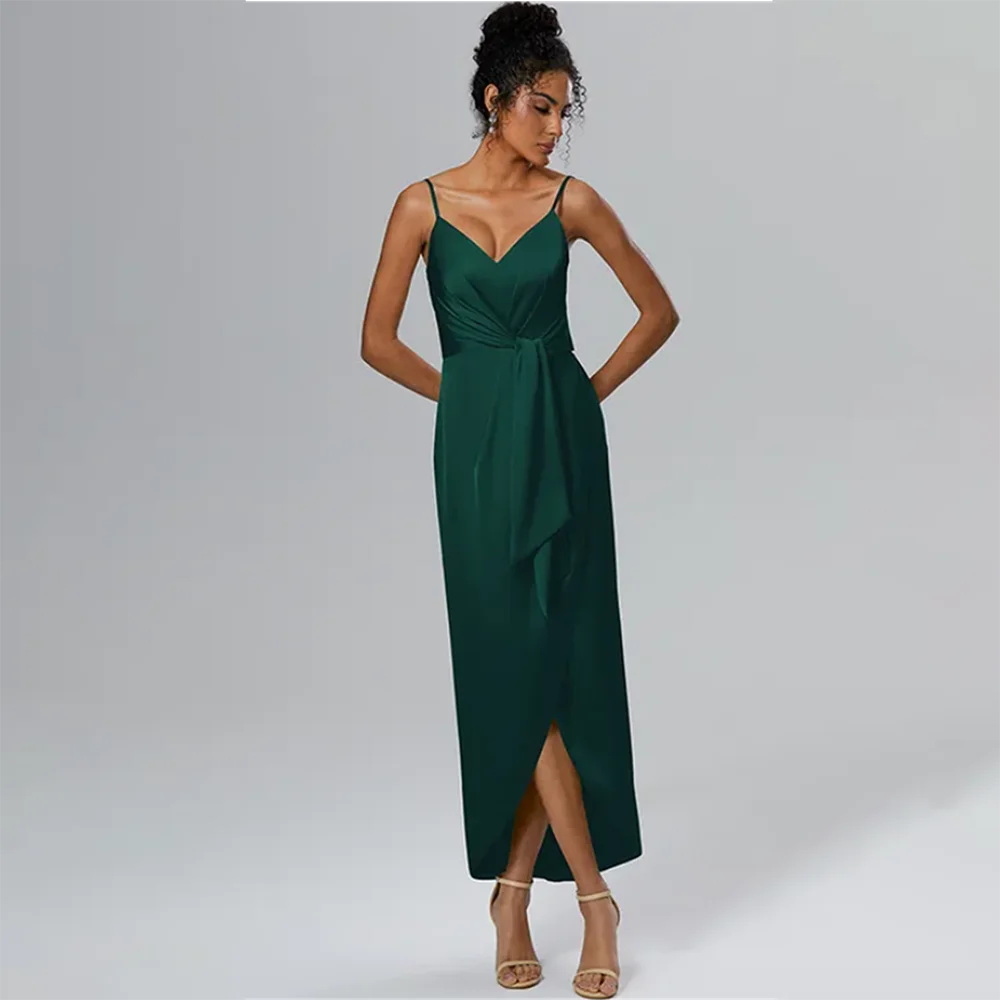 

2026 Formal Evening Gowns Spaghetti Strap V Neck Pleated Straight Evening Dresses Elegant Prom Party Gowns for Wedding Gala