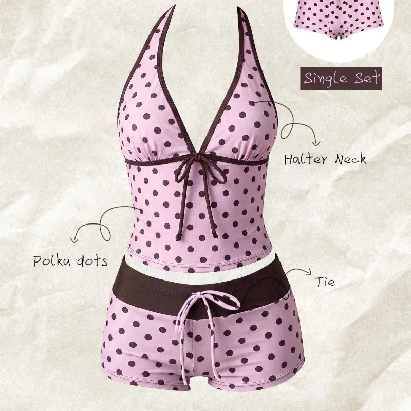 Y2k Polka Dot Print Sleeveless Top + Shorts Two-Piece Set Lace-Up Patchwork Japanese Vintage Bikini Set Women Swimsuit 2026
