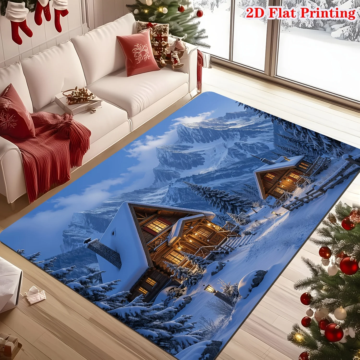 1pc Snowy‑Mountain‑Cottage Christmas Rectangular Area Rug, Indoor & Outdoor Floor Mat for Living Room, Coffee Table, Bedroom