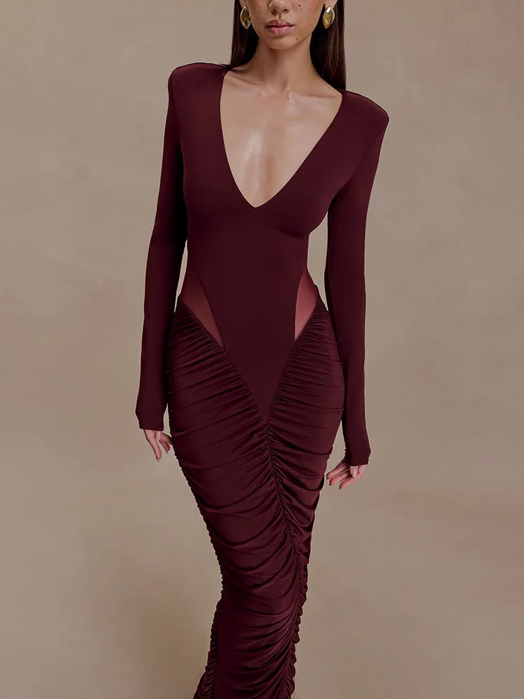 القطب الشمالي مثير العميق الخامس شبكة المرقعة Bodycon فستان أنيق مطوي المرأة سليم فستان طويل الخريف الشتاء نادي الحفلات ثوب مسائي