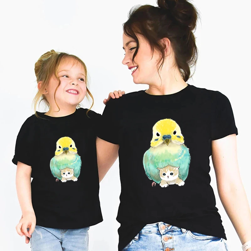 Papagei Katzen Familie T-Shirt Charkatoon Papagei Katze drucken Mutter T-Shirt Kurzarm für Kinder Kinder Kleidung Mädchen