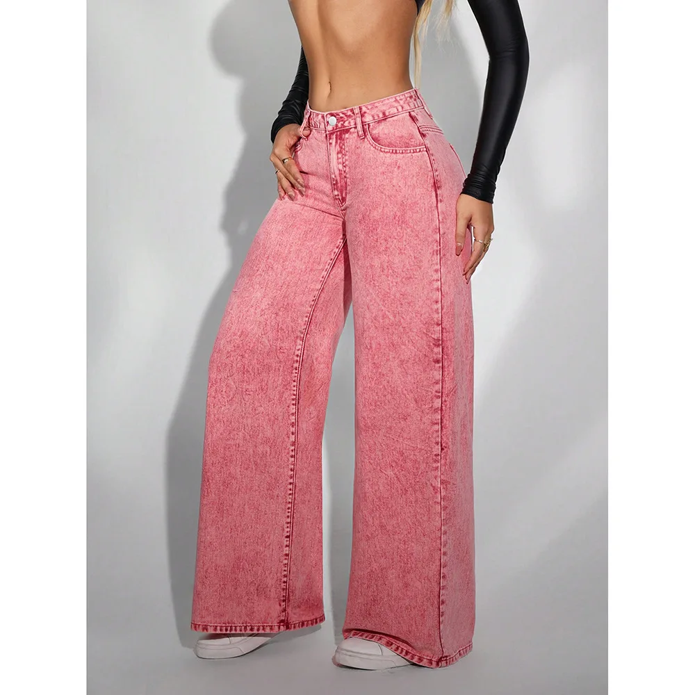 Jeans Women Denim Wide Leg Pants Vintage Straight Trousers Distressed Washed Pockets High Waist Streetwear 2025 Floor Length
