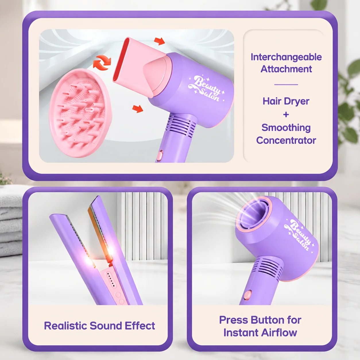`Kids Pretend Hair Salon Toy Set Purple Pink Plastic Hairdressing Role‑Play Kit for Girls Birthday Christmas Gift