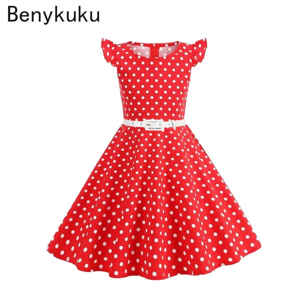 Polka Dot 1950s 60s Girls Party Dresses with Belt 2025 Ruffled Sleeve  O-Neck Summer Kids Clothes Vintage Children Dress Cute - AliExpress  200000345