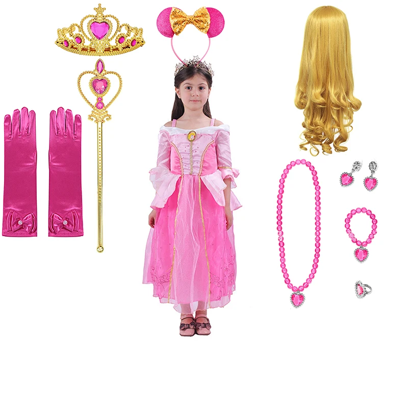 

Disney Girls Sleeping Beauty Aurora Cosplay Princess Dress Halloween Christmas Off Shoulder Fancy Mesh Dress Kids Party Costume