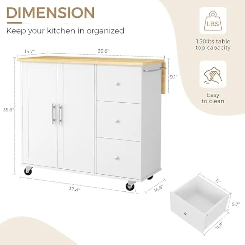 Rolling Kitchen Cart with Step Shelf and Drawers | White Engineered Wood Mobile Island | 15.7 x 39.8 x 35.6 Inches | Locking Cas