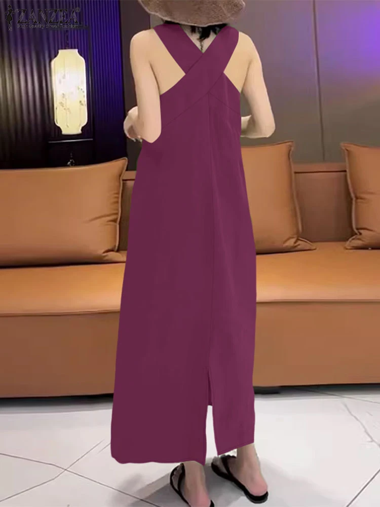 ZANZEA Moda Crossover Indietro Allentato Maxi Abiti Donna Estate Casual O-Collo Senza Maniche Carro Armato Vestaglie di Colore Solido Fessura Orlo Abiti