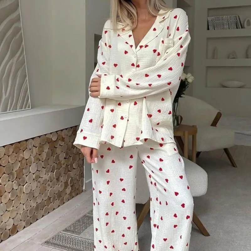 

New Hot Printed Casual Two Piece Set Sleepwear Set Soft Cotton for Women Home Wear Long Sleeve Long Pants Print Fashion Pajamas