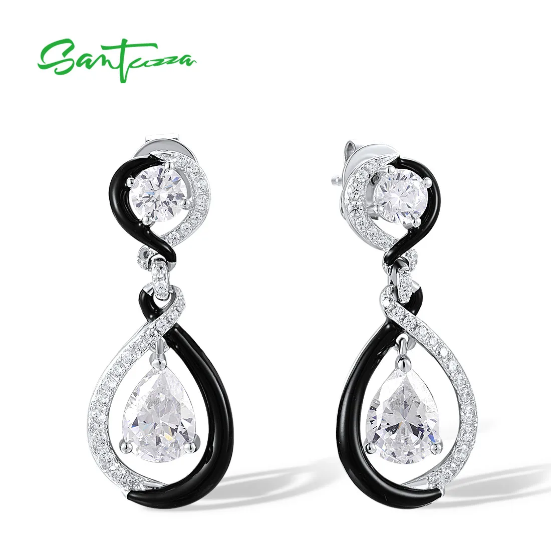 SANTUZZA Pure 925 Sterling Silver Stud Earrings For Women Sparkling White CZ Black Spinel Dangling Delicate Party Fine Jewelry