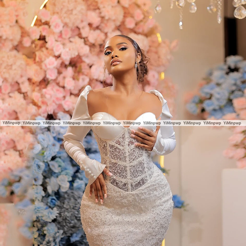 فساتين زفاف فاخرة مخصصة كم طويل أسود بنات مطرز حورية البحر الساتان الحبيب مثير العروس رداء حفلات مخصص