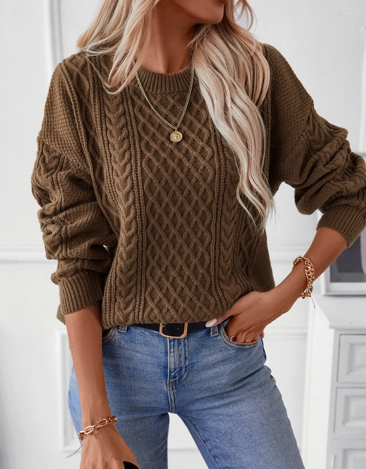 

Women's Winter Sweaters Loose Knit Fried Dough Twists Pullover Vintage O-Neck Solid Color Sweater Pullover Long Sleeved Sweater