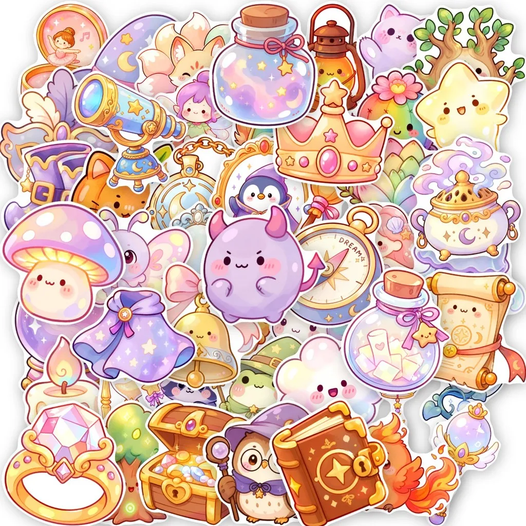 50Pcs Soft Magical Fairy Tale Stickers, Cartoon Patterns of Elves, Mermaids and Magic Props, Waterproof Decals Papery Pop Store