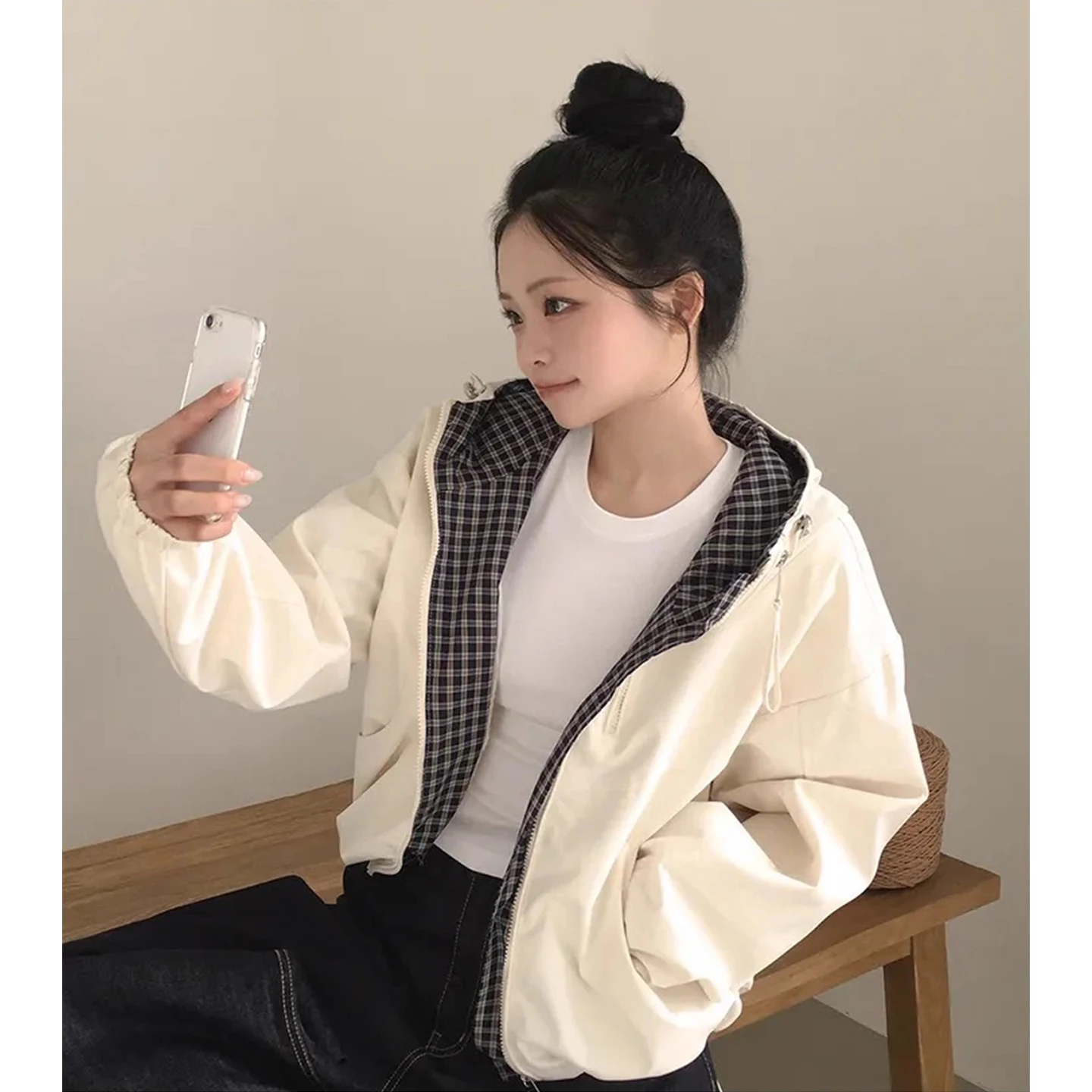 الرجعية منقوشة لصق ort Jaet المرأة فضفاضة عادية طويلة Sve قمة الخريف جديد Sle مادة القطن Faion ملابس خارجية #1