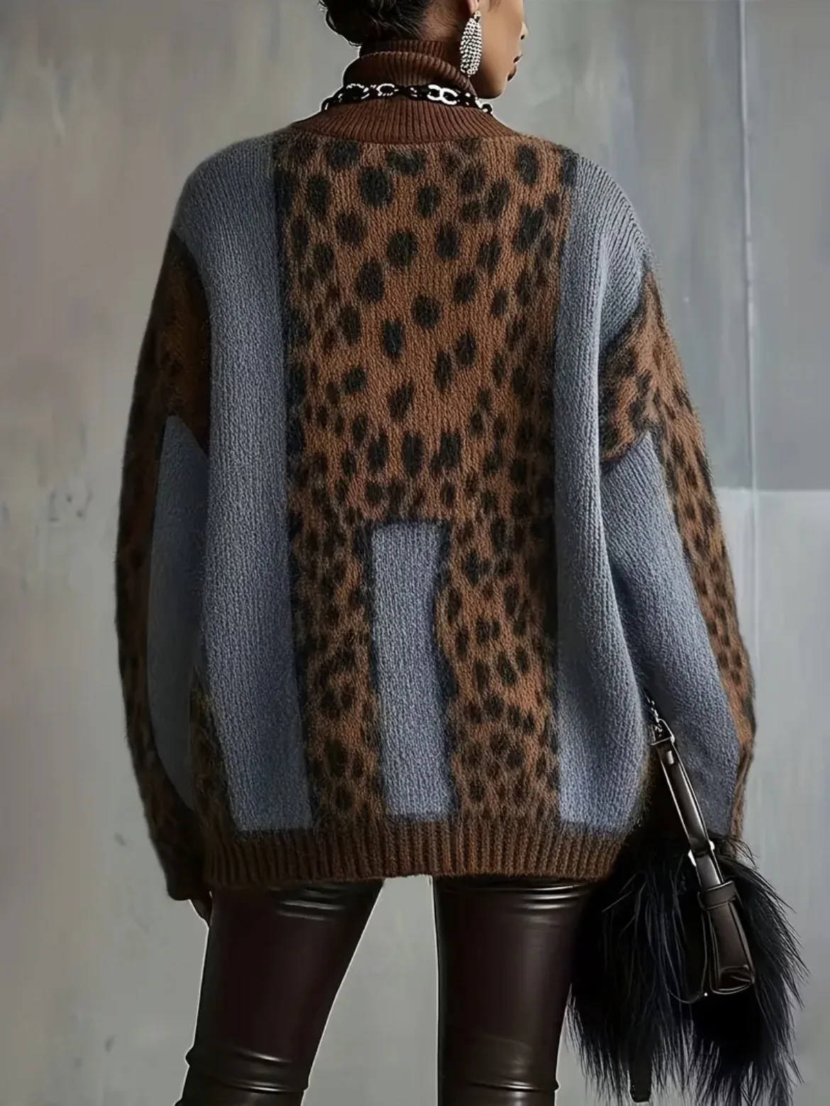 Sexy Patchwork Leopard Print Woman Sweater Autumn Turtleneck Loose Knitwear Top Pullover Winter Long Sleeve Warm Sweaters Jumper