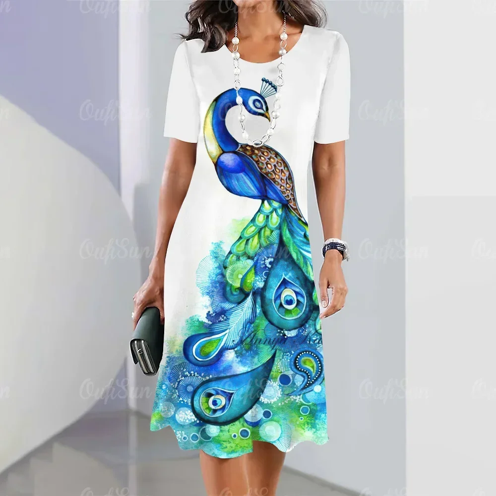 New Fashion Women's Dresses Peacock Pattern Elegant and Casual O-Neck Short-Sleeved Summer Dresses Big Size Women's Dresses 5xl