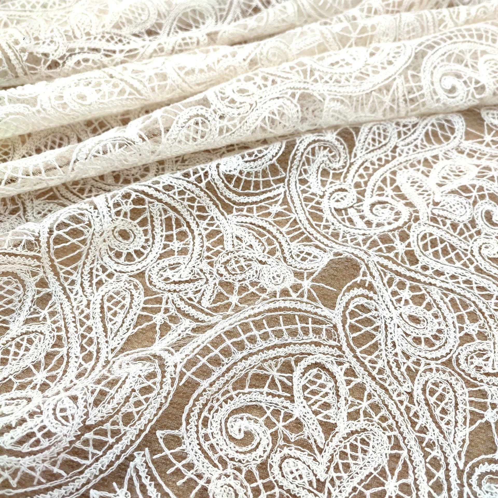 130cm Wide French Apricot Embroidered Cotton Lace Clothing Wedding Dress Mesh Fabric Lacefabric 3D Embroidery