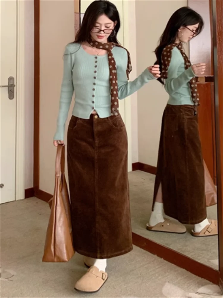 

Korean Chic Retro Matching 2 Pieces Sets New Fall Mint Green Knit Slim Cardigan+Straight Midi Coffee Skirt Two Piece Dress Suits