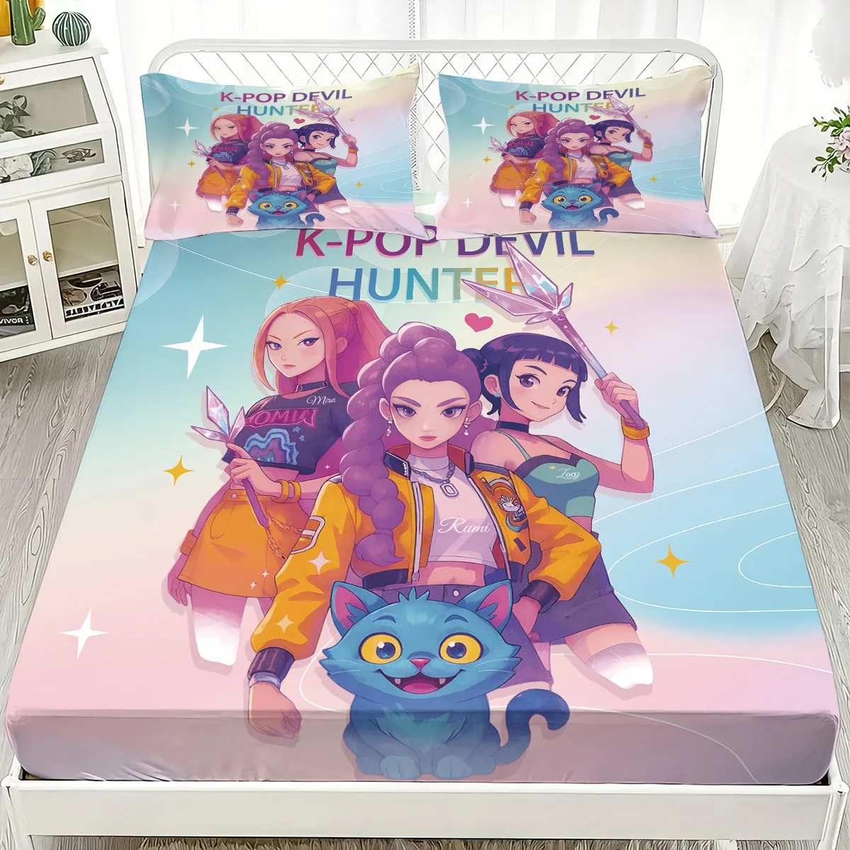 

3pcsK-Pop Demon Hunters Printed coreless Fitted Sheet Set Multi Size Soft Bed Cover Bedroom Bedding Decoration Machine Washable