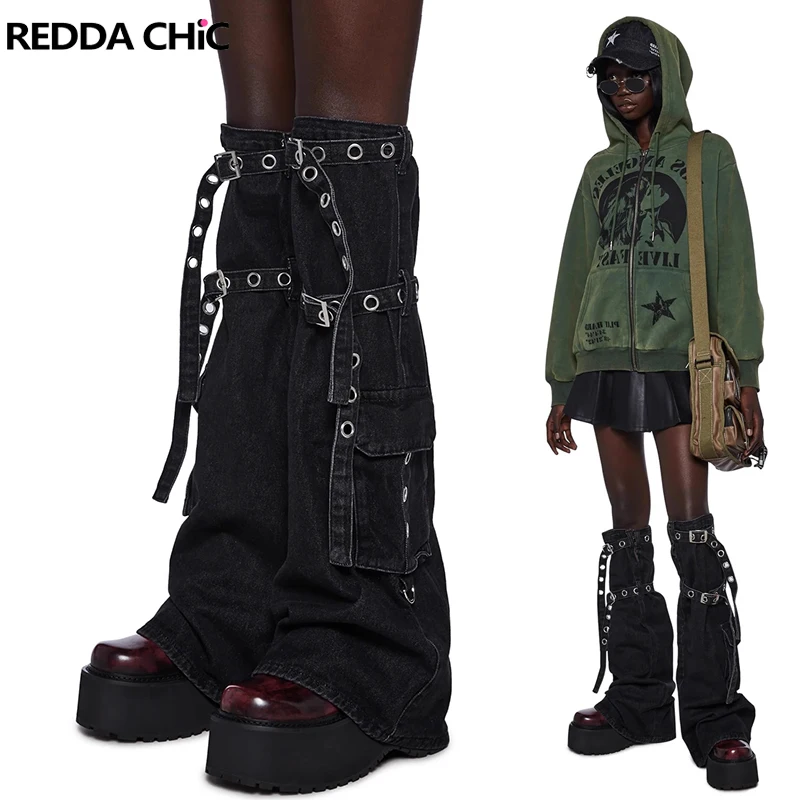 

REDDACHiC Women Cargo Pockets Camo Black Leg Warmers Denim Belted Bootcut Long Socks Dark Punk Boots Cover Y2k Gaiter Streetwear