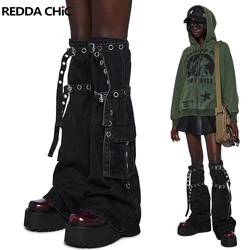 REDDACHiC Women Cargo Pockets Camo Black Leg Warmers Denim Belted Bootcut Long Socks Dark Punk Boots Cover Y2k Gaiter Streetwear