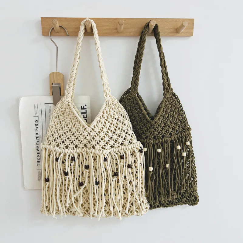 

Fashion Women's Wooden Bead Tassel Woven Shoulder Bag Hollow Out Solid Color Straw Bags Vacation Beach Handbag