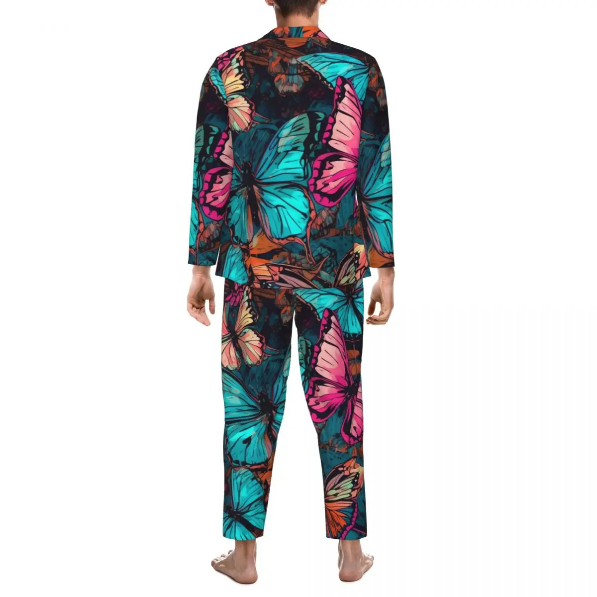 Aquarela borboletas pijamas masculino animal impressão na moda sono pijamas primavera duas peças casual oversize gráfico conjuntos de pijama