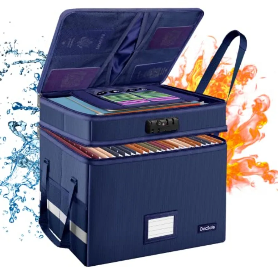 

File Box with Lock, Multi-Layer Fireproof Document Box Collapsible File Storage Organizer with Pockets/Handle, Large Portable H