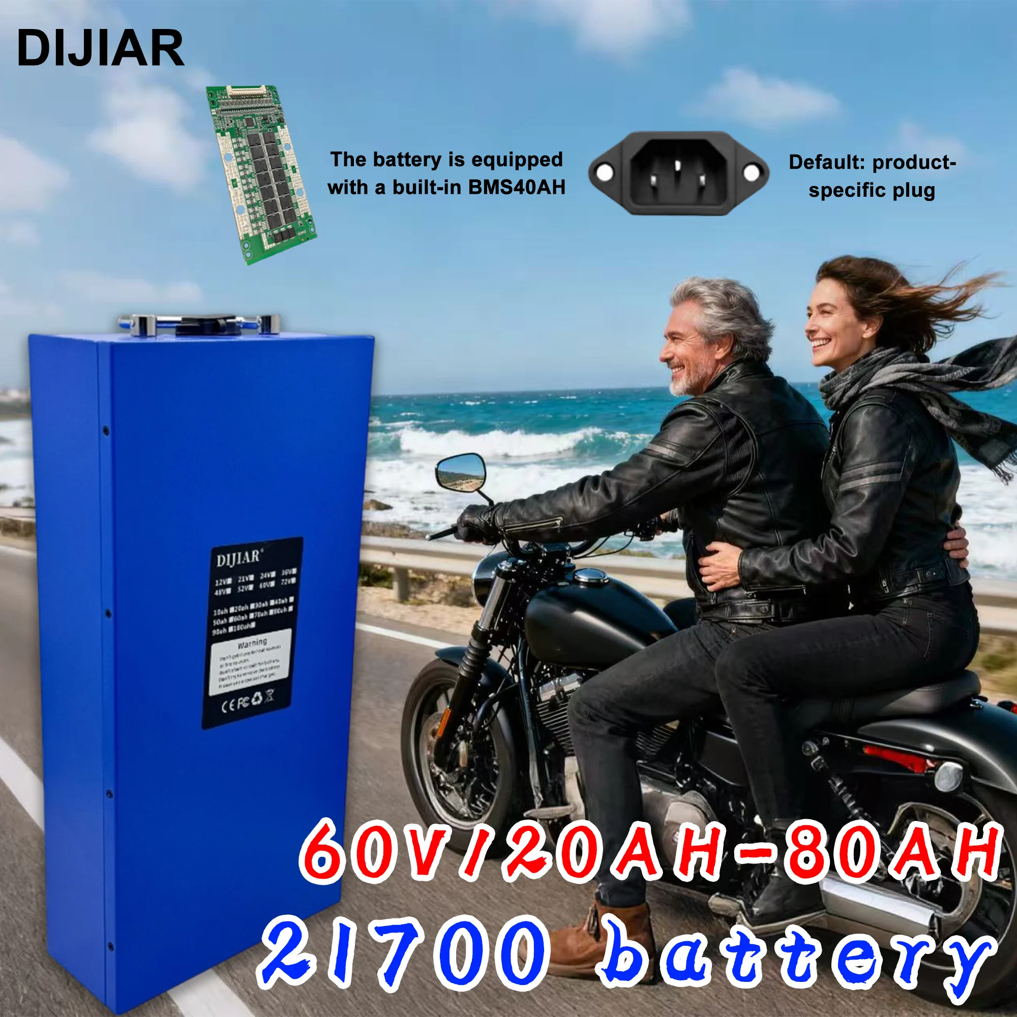 

60V 40AH-80AH 21700 Lithium Battery Pack Large Capacity Suitable for 60V 500W -3000WBuilt-in BMS+67.2VCharge