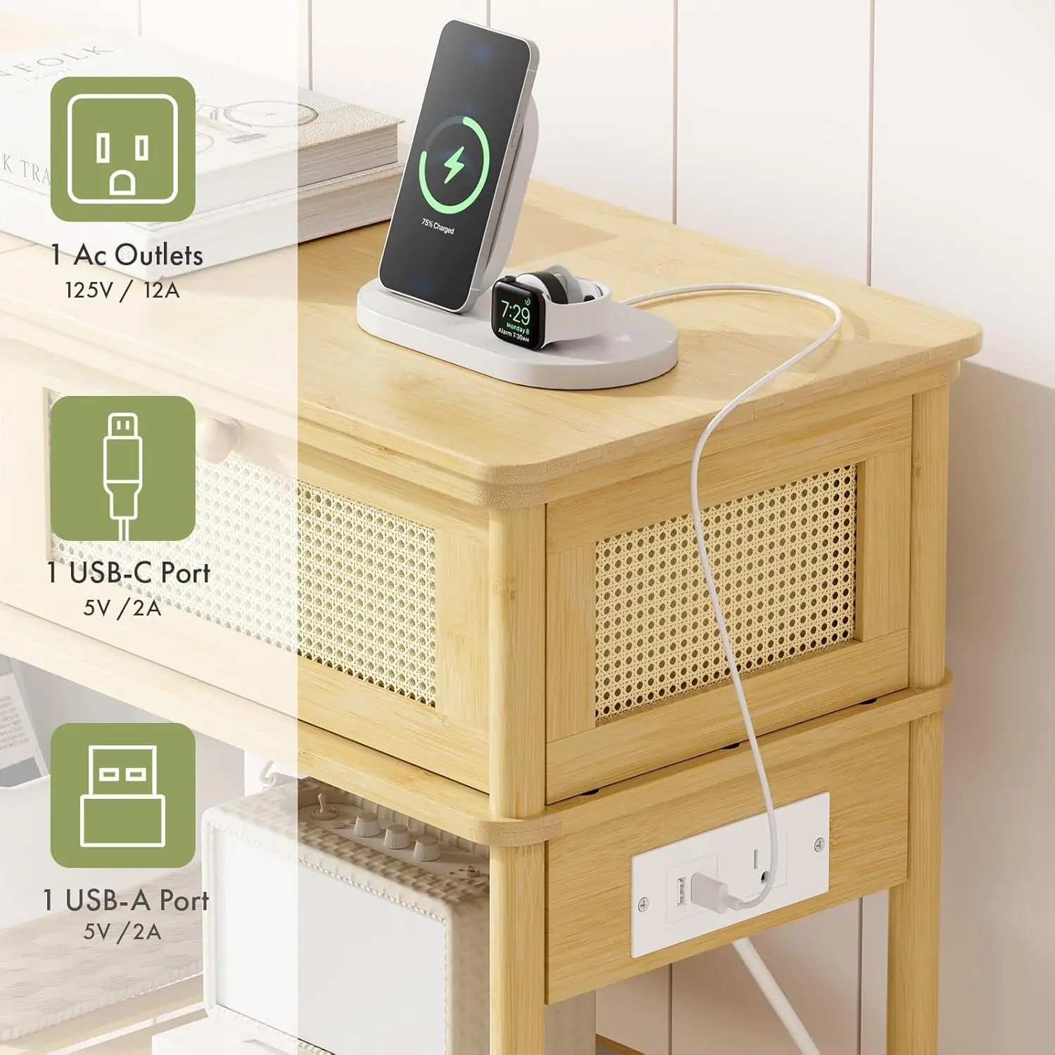 Bamboo Console Table with USB Outlets and Drawers for Living Room Entryway Storage