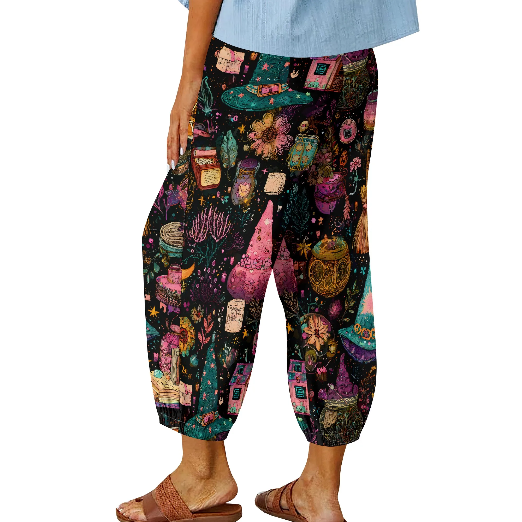 Witch Print Casual Pants, Wizard Hat   Broomstick, Potion Bottle   Spell Book, Halloween Party Costume, XS-3XL