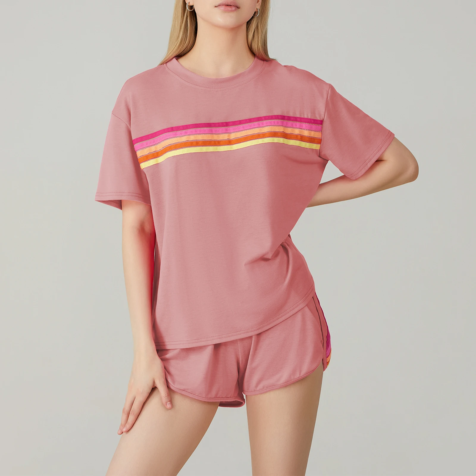 Outfits Workout Sets for Women 2 Piece Contrast Color Round Neck Short Sleeve Tops Elastic Waist Shorts Tracksuit