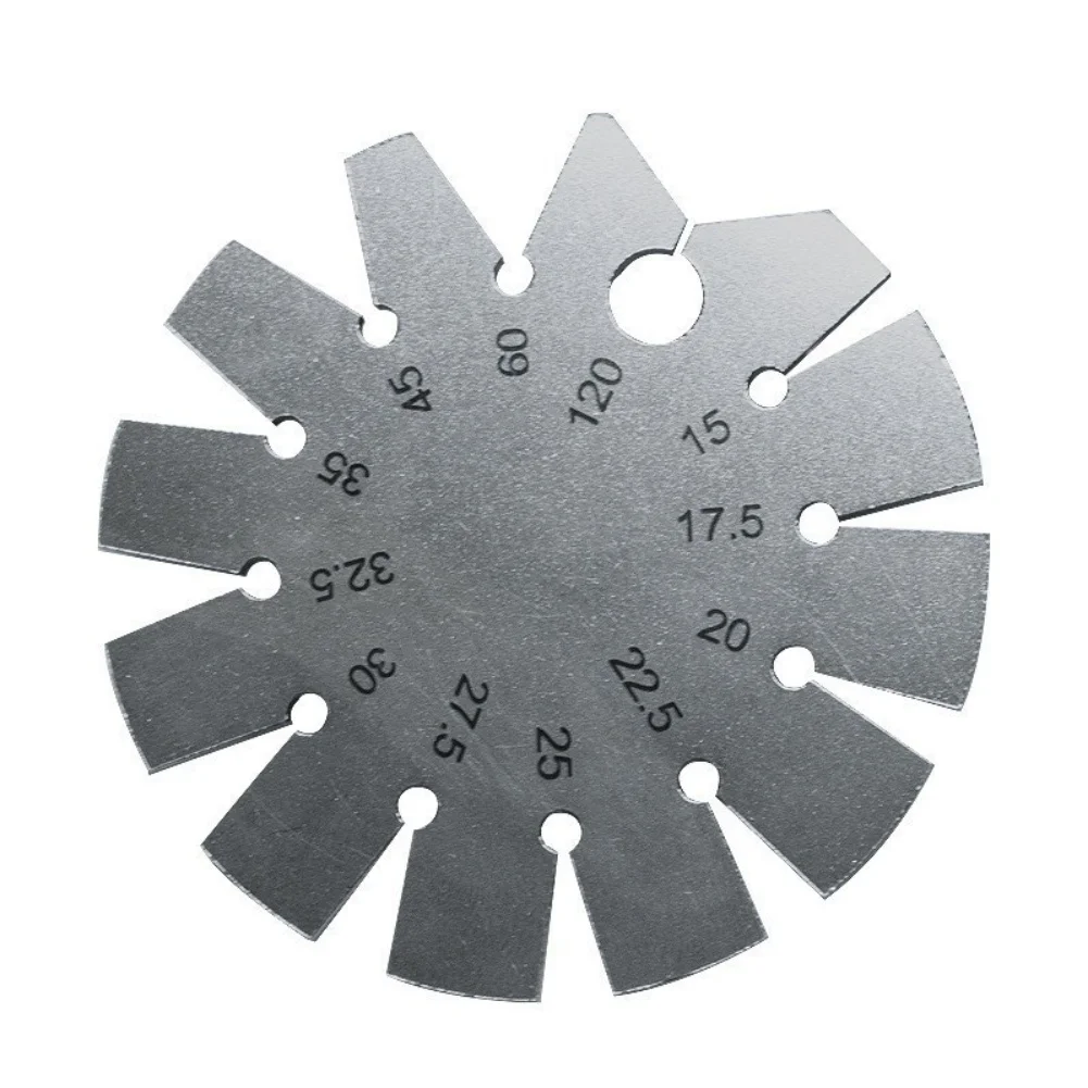 

Stainless Steel Circular Angle Gauge with 12 Common Angles from 15 to 120 Degrees Bevel Gauge with Keychain Attachment